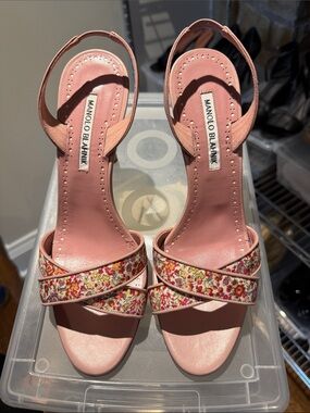 Manolo Blahnik Pink Floral Strap Sling Sandals